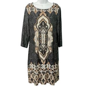 Charter Club Gray Brown Cream Filigree 3/4 Sleeve Sheath Dress Petite size L PL